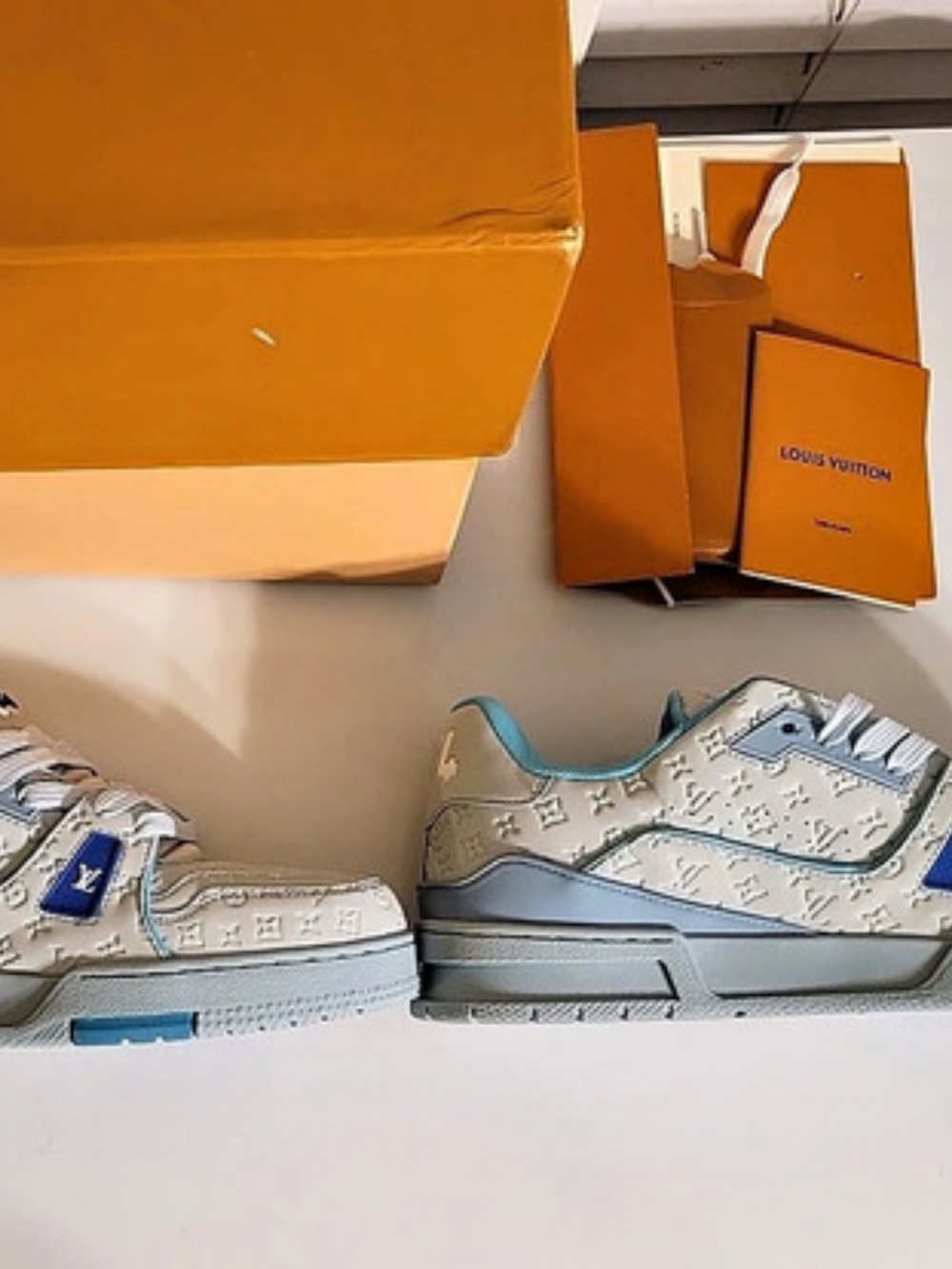Louis Vuitton LV Trainer Sneaker Embossed Monogram White & Blue